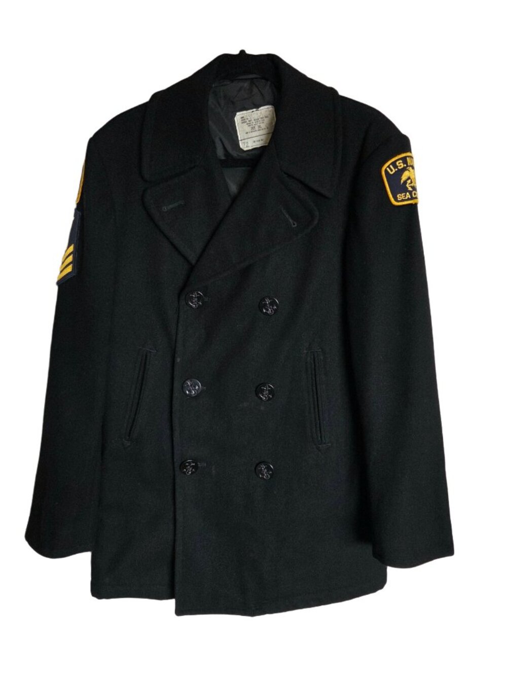 VTG 80s US Navy Pea Coat 38L black wool double breasted peacoat jacket